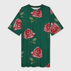 Женская длинная футболка Ярко красные розы на темно-зеленом фоне