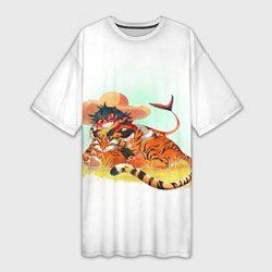 Футболка женская длинная Тигр и Акула, цвет: 3D-принт