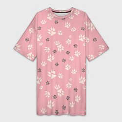Женская длинная футболка Розовый принт лапки