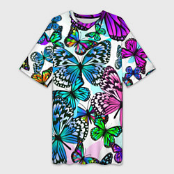 Женская длинная футболка Рой цветных бабочек