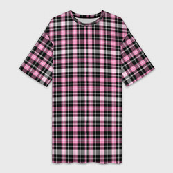 Женская длинная футболка Шотландская клетка Tartan scottish роз-черно-бел