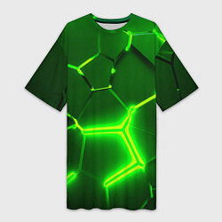 Футболка женская длинная 3D ПЛИТЫ НЕОН NEON GREEN HEXAGON РАЗЛОМ, цвет: 3D-принт