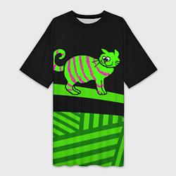 Женская длинная футболка Зеленый полосатый кот