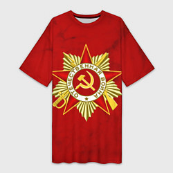 Футболка женская длинная ДЕНЬ ПОБЕДЫ КРАСНЫЙ ФОН 9 МАЯ, цвет: 3D-принт