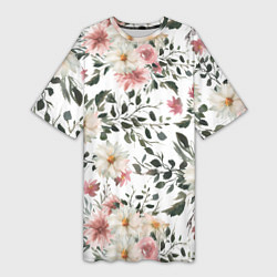 Женская длинная футболка Цветы Акварельно-Белые