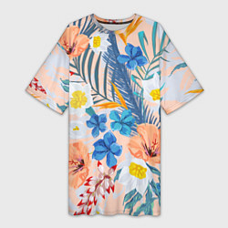 Женская длинная футболка Цветы Яркие Тропические