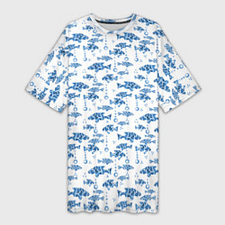 Женская длинная футболка Голубые рыбки ретро принт