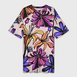 Женская длинная футболка Цветы Разноцветные