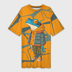 Футболка женская длинная Лягушка в модной куртке, цвет: 3D-принт