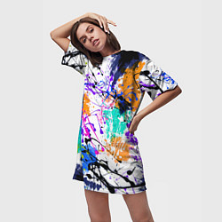 Футболка женская длинная Брызги и мазки разноцветных красок на белом фоне, цвет: 3D-принт — фото 2