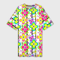 Женская длинная футболка Цветочный ретро узор в неоновых тонах