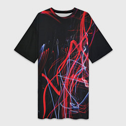Женская длинная футболка Неоновые лучи в абстракции - Красный и синий