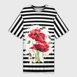 Женская длинная футболка Red poppies Акварельные цветы