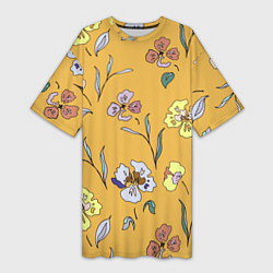 Женская длинная футболка Цветы Нарисованные На Золотом Фоне
