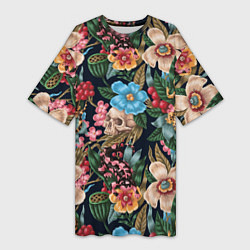 Женская длинная футболка Паттерн из цветов, черепов и саламандр