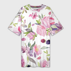 Женская длинная футболка Летний красочный паттерн из цветков розы и ягод еж