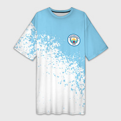 Женская длинная футболка Manchester city белые брызги на голубом фоне