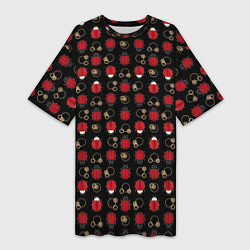 Женская длинная футболка Красные Божьи коровки на черном фоне ladybug
