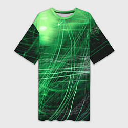 Футболка женская длинная Неоновые волны и линии - Зелёный, цвет: 3D-принт