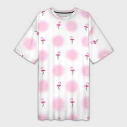 Женская длинная футболка Фламинго и круги на белом фоне