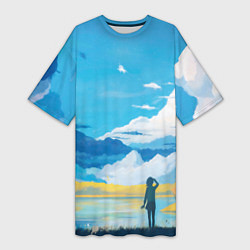Женская длинная футболка Горное озеро осенним днём