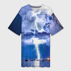 Женская длинная футболка Разряд молнии над океаном