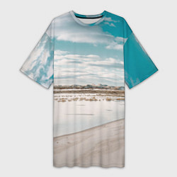 Женская длинная футболка Песочный пляж и водоём - Белый