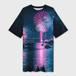 Женская длинная футболка Неоновый салют над рекой ночью - Синий
