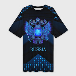 Женская длинная футболка Синий неоновый герб России