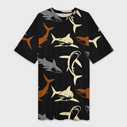 Женская длинная футболка Стая акул - паттерн - ночной океан