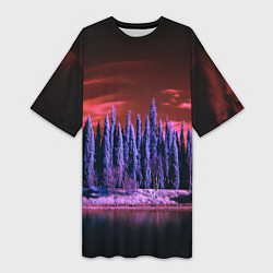 Женская длинная футболка Абстрактный фиолетовый лес и тёмная река