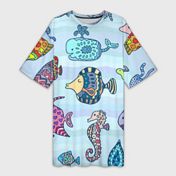 Женская длинная футболка Кит, черепаха, акула и другие обитатели океана