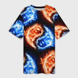 Футболка женская длинная Инь - янь, огонь - вода, паттерн, цвет: 3D-принт