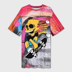 Футболка женская длинная Скейтер Барт Симпсон на фоне стены с граффити, цвет: 3D-принт