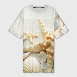 Женская длинная футболка Морские звёзды и ракушки на океанском берегу