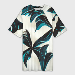 Женская длинная футболка Листья тропические тёмно-синие