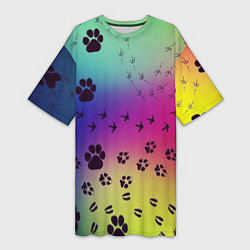 Женская длинная футболка Следы кошек и птиц