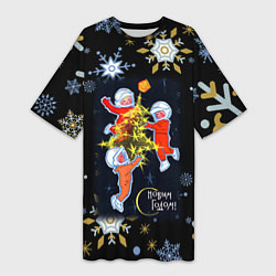 Женская длинная футболка Новый год мальчики космонавты