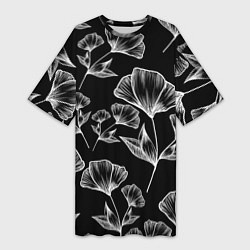 Женская длинная футболка Графичные цветы на черном фоне