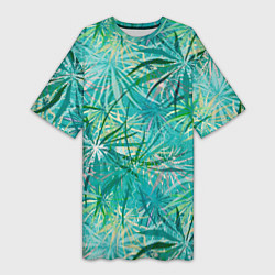 Женская длинная футболка Тропические листья на зеленом фоне