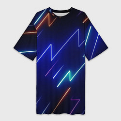 Футболка женская длинная Неоновые изогнутые линии, цвет: 3D-принт