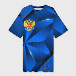 Женская длинная футболка Герб РФ на синем объемном фоне