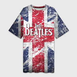 Футболка женская длинная The Beatles - лого на фоне флага Великобритании, цвет: 3D-принт