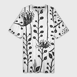 Женская длинная футболка Нарисованные монохромные цветы