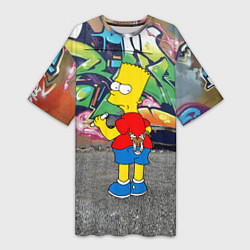 Женская длинная футболка Хулиган Барт Симпсон на фоне стены с граффити