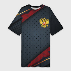 Женская длинная футболка Герб России черно-красный камуфляж