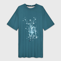 Женская длинная футболка Деревья и снежинки в силуэте идущего оленя