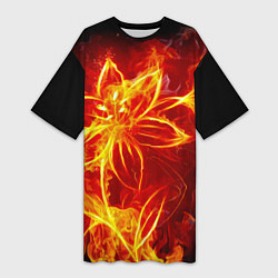 Футболка женская длинная Цветок из огня на чёрном фоне, цвет: 3D-принт