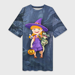 Женская длинная футболка Ведьма малолетка в тёмном лесу с дракончиком