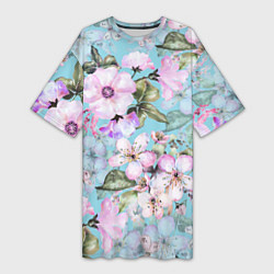 Женская длинная футболка Яблоня в цвету акварель